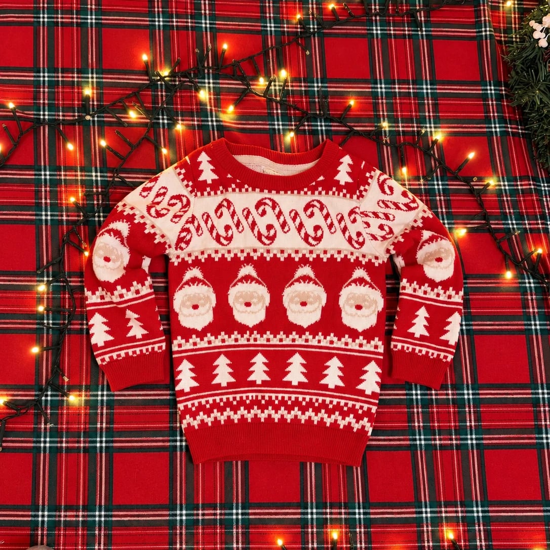 Светр в’язаний червоний «Санти та ялинки» (жакард) — фото 1