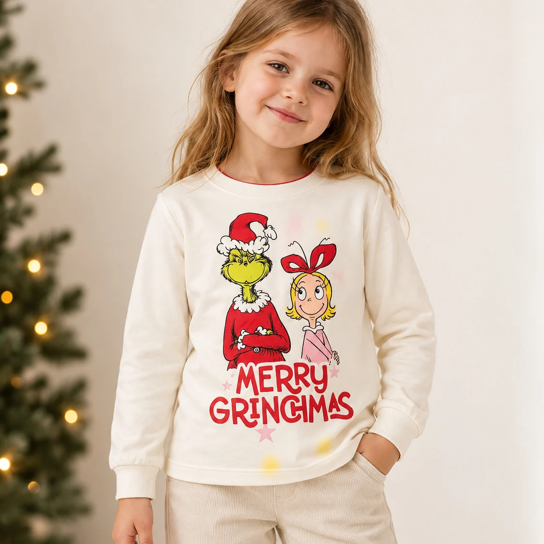 Лонгслів молочний «Merry Grinchmas» (Грінч і Сінді Лу) — фото 1